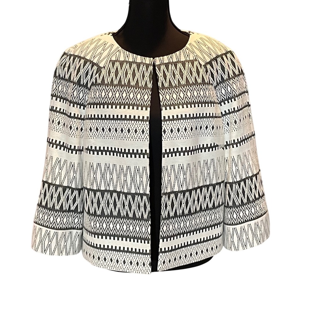Preston & York Womens 8 Black White Geometric Jacquard Open Front Cropped Jacket